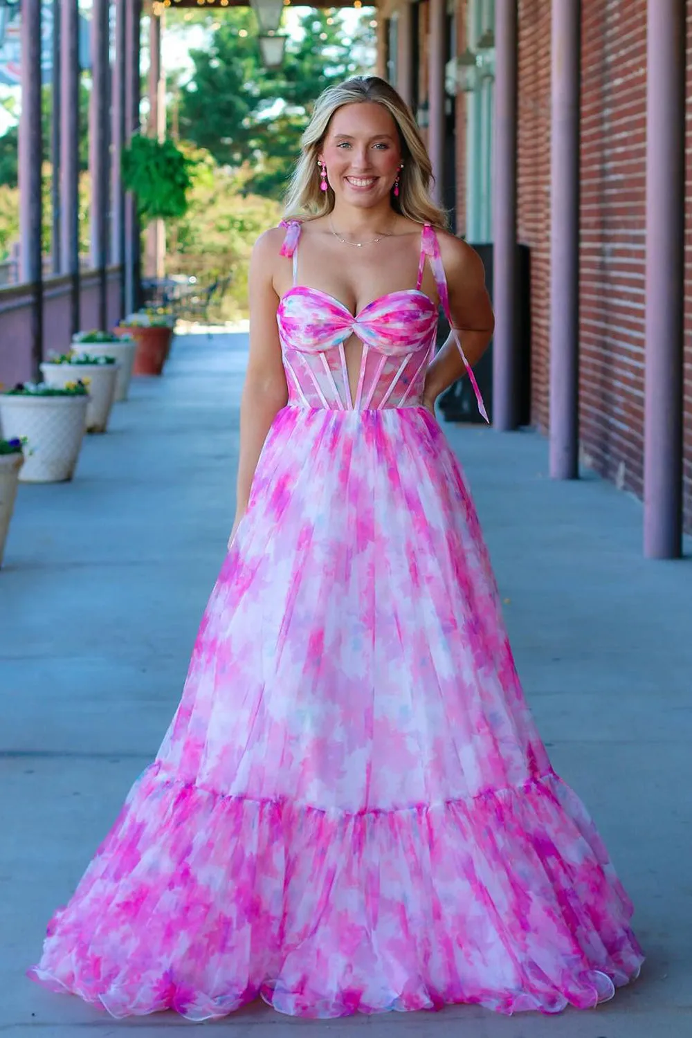 Fairy A Line Sweetheart Pink Printed Chiffon Prom Dresses