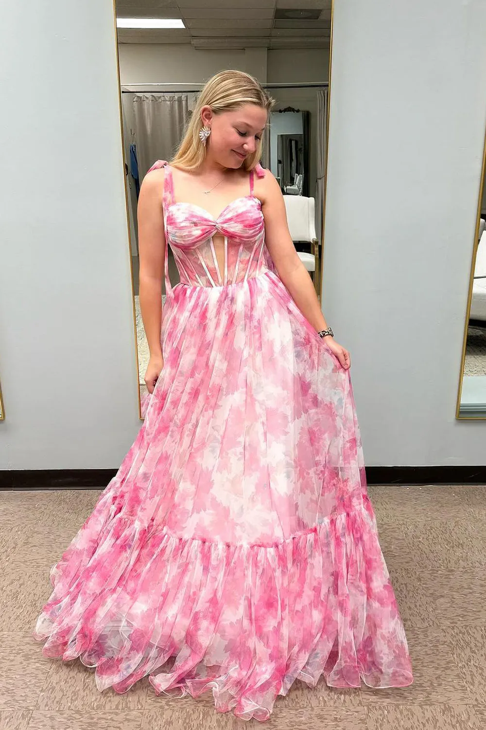 Fairy A Line Sweetheart Pink Printed Chiffon Prom Dresses