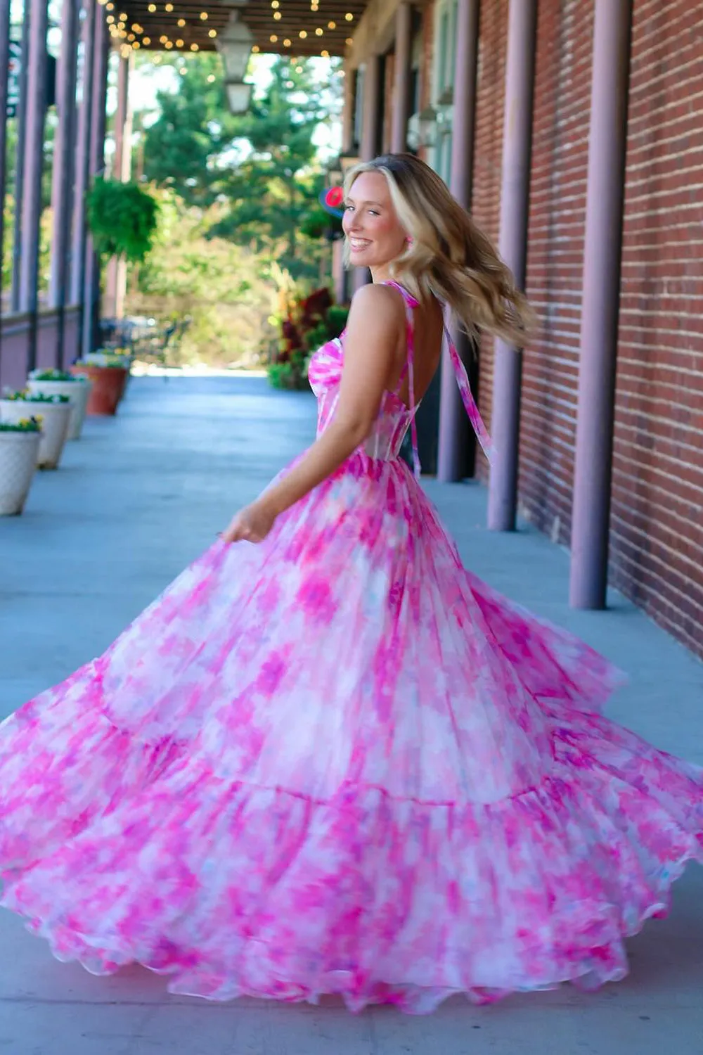 Fairy A Line Sweetheart Pink Printed Chiffon Prom Dresses