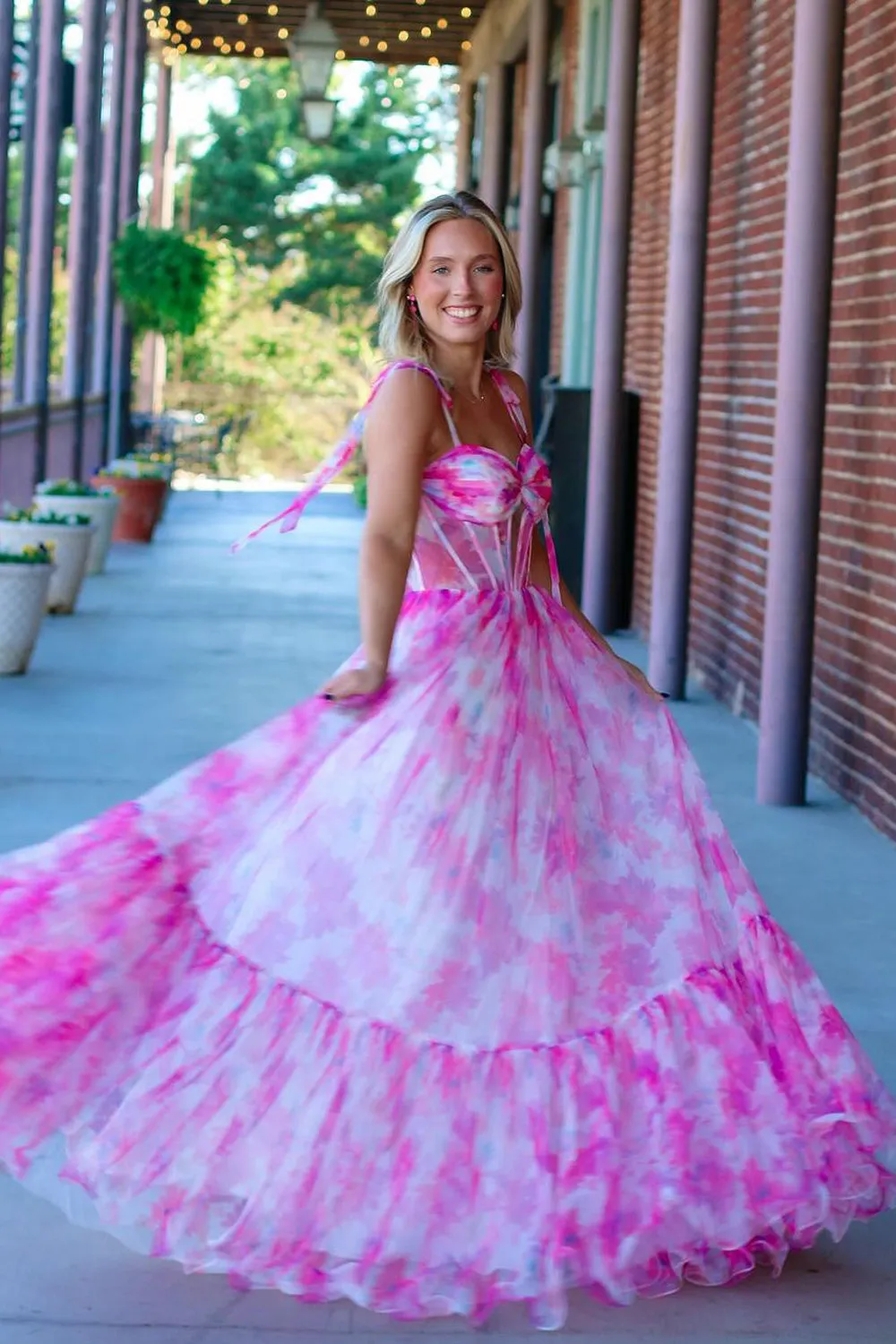 Fairy A Line Sweetheart Pink Printed Chiffon Prom Dresses