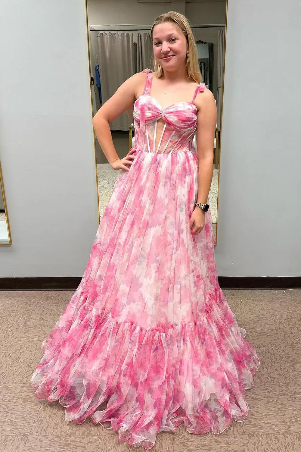Fairy A Line Sweetheart Pink Printed Chiffon Prom Dresses
