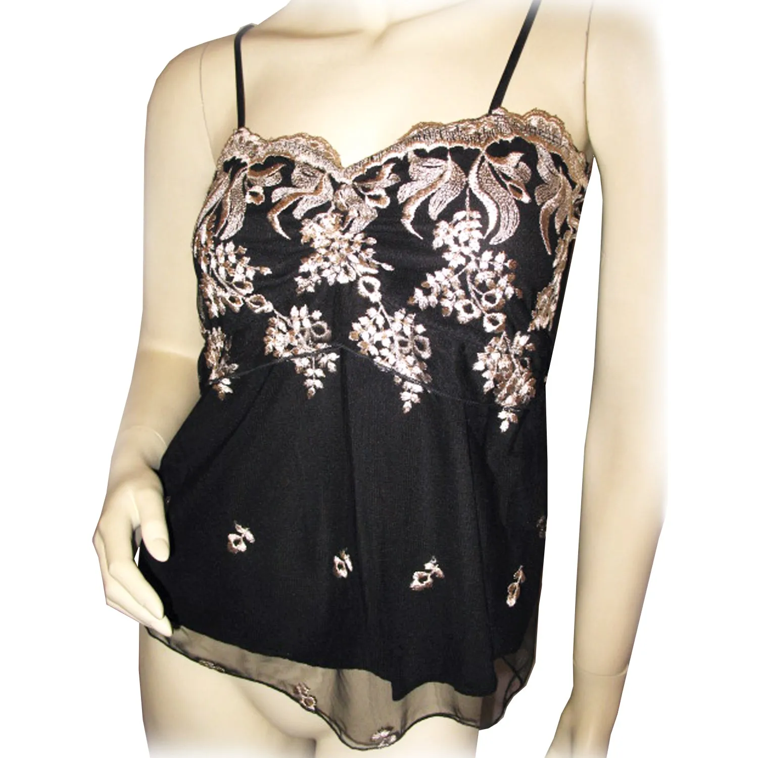New Y2K Gold Floral Black Babydoll Top Tank Cami Made USA Whimsigoth Fairy Goth