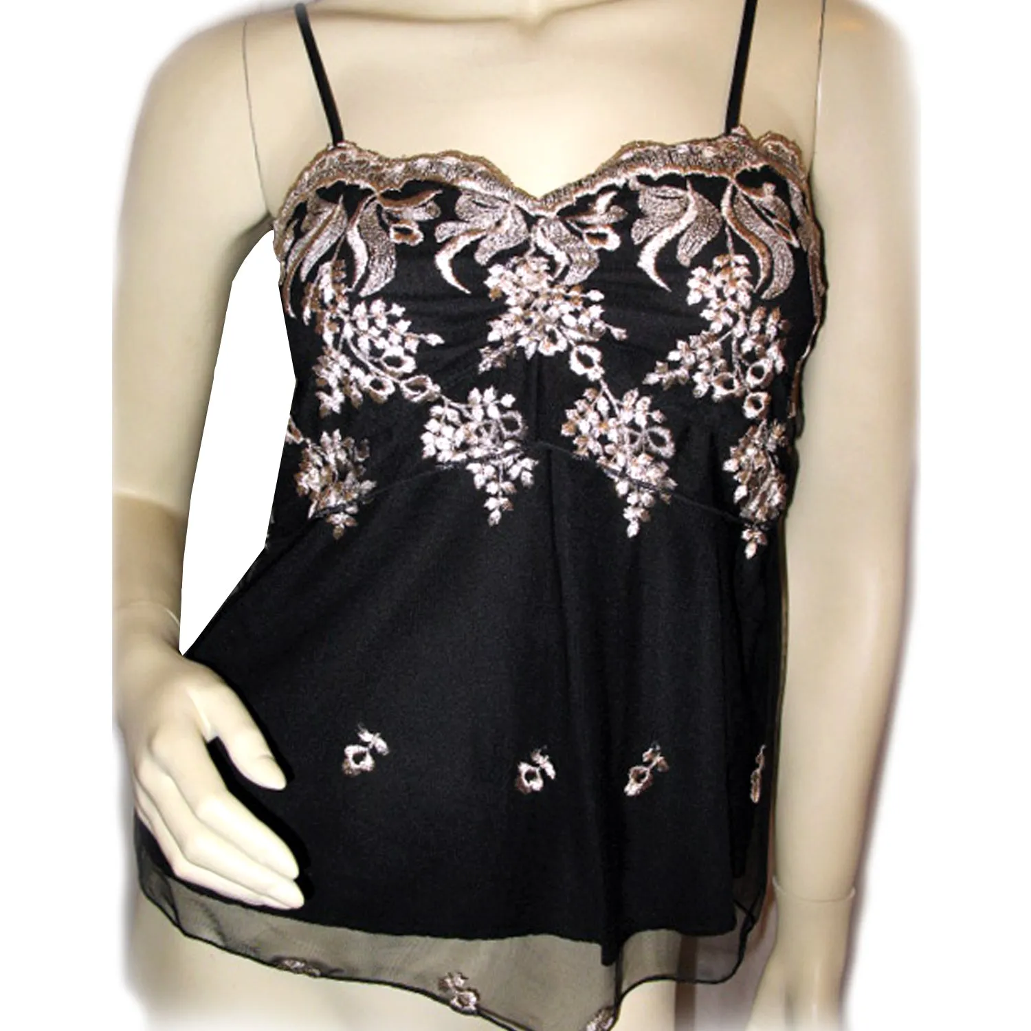 New Y2K Gold Floral Black Babydoll Top Tank Cami Made USA Whimsigoth Fairy Goth