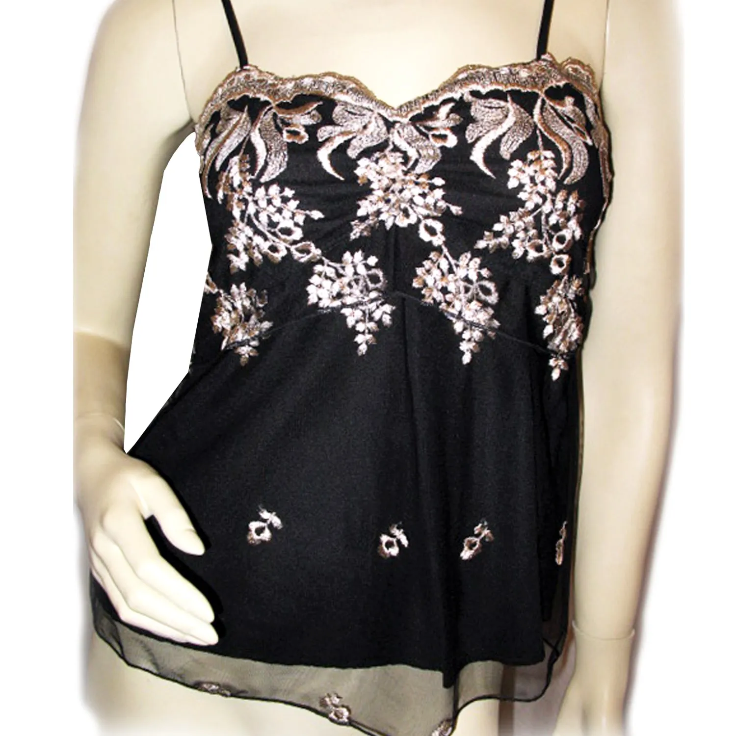 New Y2K Gold Floral Black Babydoll Top Tank Cami Made USA Whimsigoth Fairy Goth